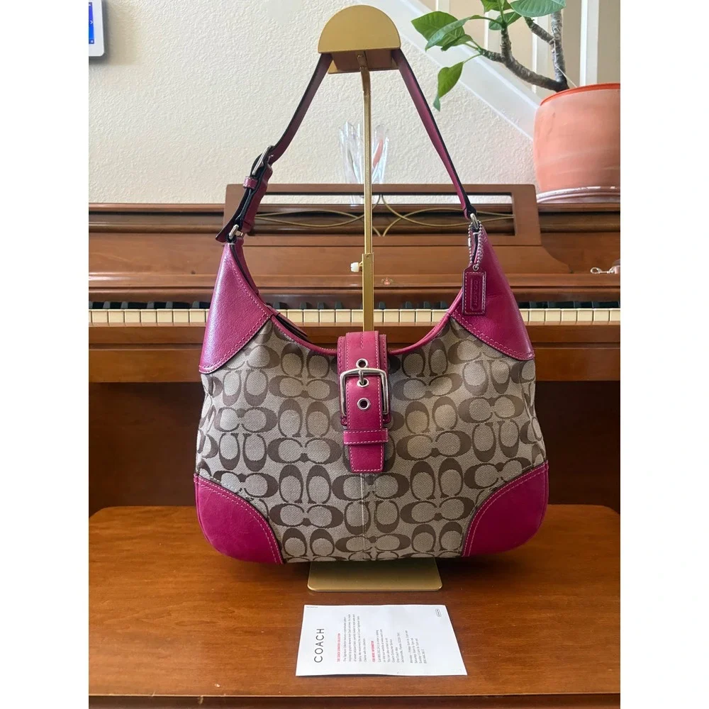 Coach Signature Canvas Pink Leather Buckle‎ Shoulder Bag Y2K Classic